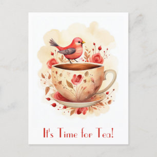 Cute Watercolor Time for Tea Bird Floral Postcard
