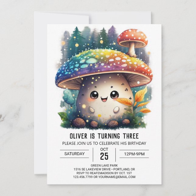 Cute Watercolor Toadstool Birthday Invitation (Front)