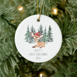 Cute Watercolor Tree & Deer Baby's First Christmas Ceramic Ornament
