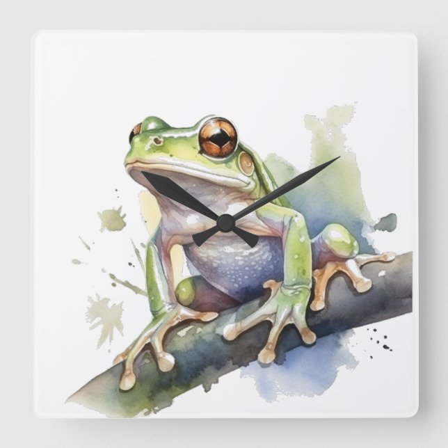Cute Watercolor Tree Frog Square Wall Clock (Front)
