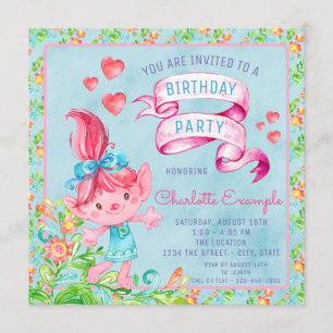 Cute Watercolor Troll Invitation de fête d'anniver