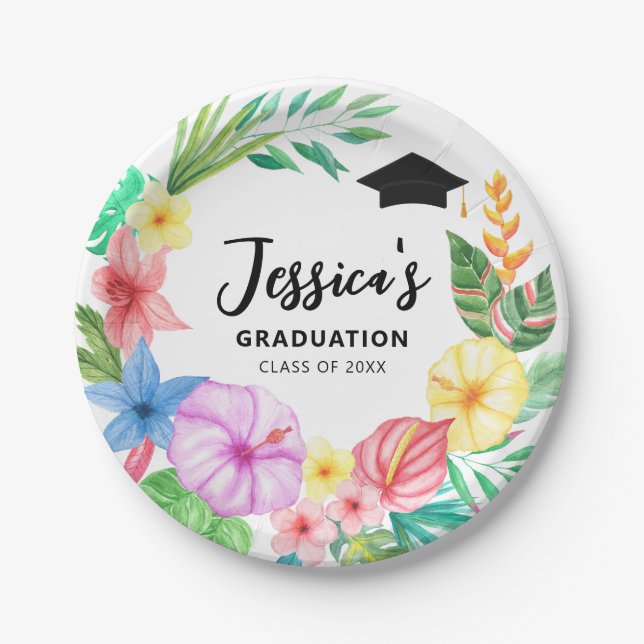 Cute Watercolor Tropical Floral Wreath Graduation Paper Plate (Front)