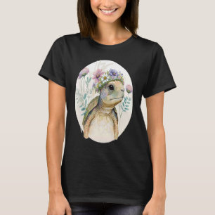 Cute Watercolor Turtle Flower Crown Sea Animal T-Shirt
