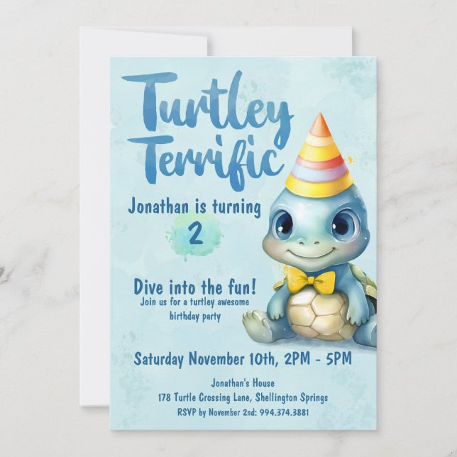 Cute watercolor turtle kids birthday invitation (Front)
