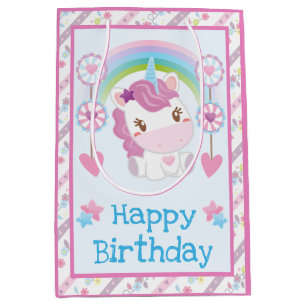 Cute Watercolor Unicorn & Rainbow Birthday Medium Gift Bag