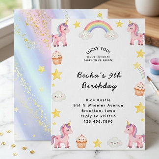 Cute Watercolor Unicorn Rainbow Lucky You Invitation