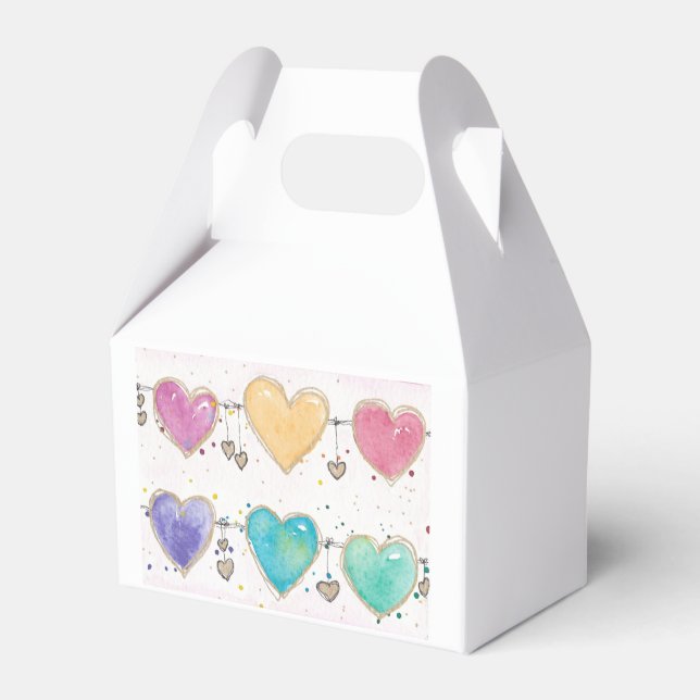 Cute Watercolor Valentine Heart Goodie Favor Boxes (Front Side)