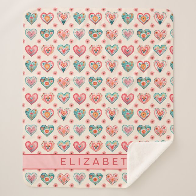 Cute Watercolor Valentine Heart Pattern Sherpa Blanket (Front)