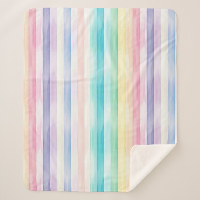 Cute Watercolor Vertical Pastel Rainbow Stripes Sherpa Blanket (Front)