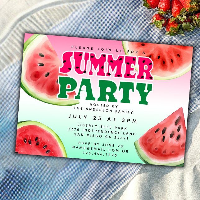 Cute Watercolor Watermelon Summer Party Horizontal Invitation (Creator Uploaded)
