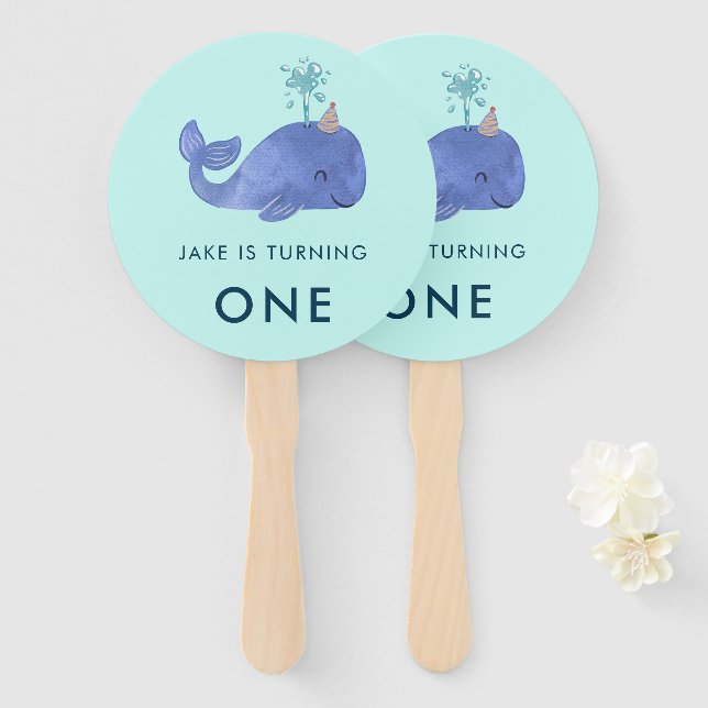 Cute Watercolor Whale Party Hat Birthday Hand Fan (Front and Back)
