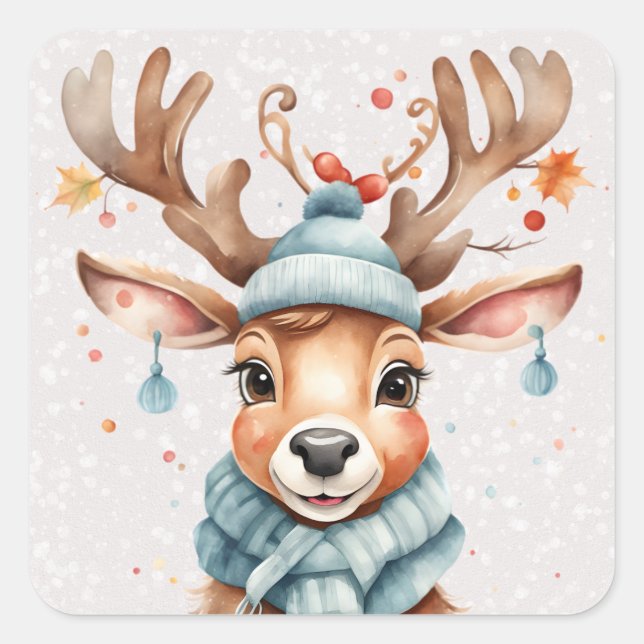Cute Watercolor Whimsical Christmas Reindeer Square Sticker (Front)