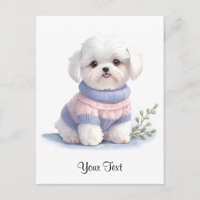 Cute Watercolor White Maltese Puppy Dog Personized Postcard (Front)