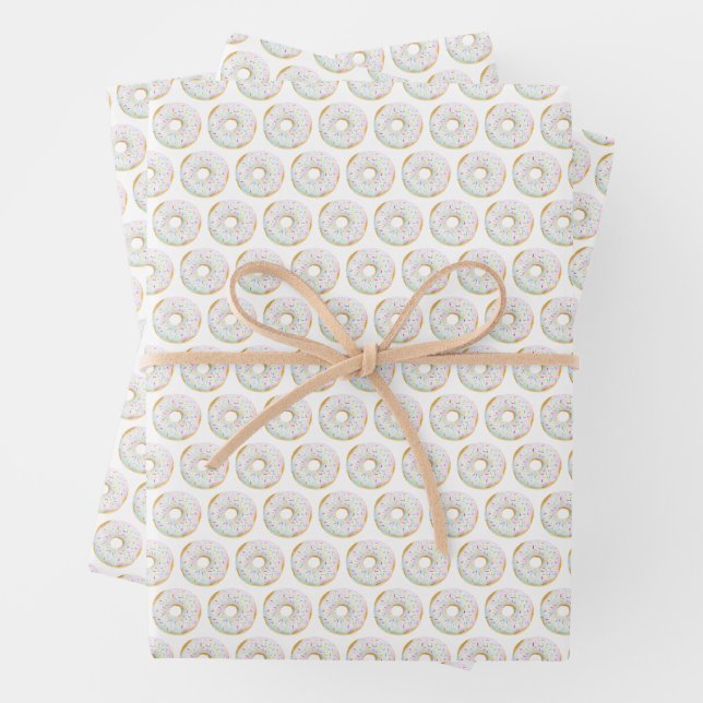 Cute Watercolor White Sprinkle Doughnuts Pattern Wrapping Paper Sheet (In situ)