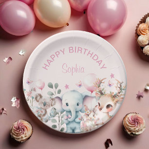 Cute Watercolor Wild Animals Pink Girl Birthday Paper Plate