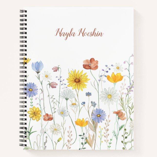 Cute Watercolor Wild floral Personalized Monogram Notebook (Front)