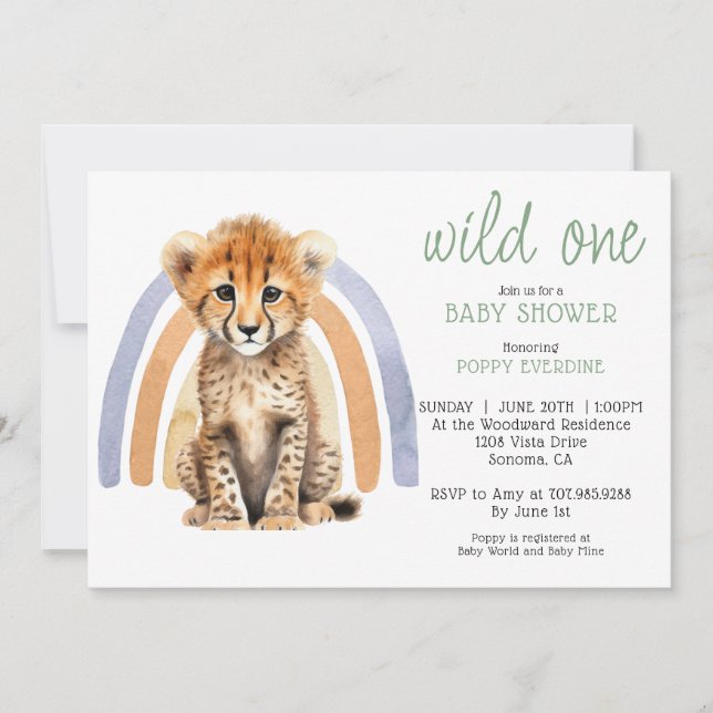 Cute Watercolor Wild One Cheetah Rainbow Invitation (Front)