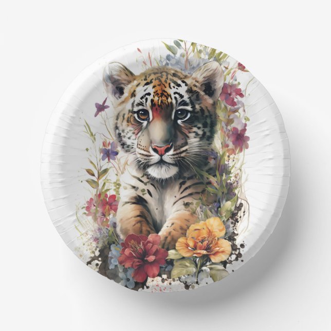 Cute Watercolor Wild Tiger Cub Kids Birthday Paper Plate (Front)
