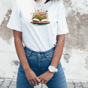 Cute Watercolor Wildflower and Book Boho T-Shirt