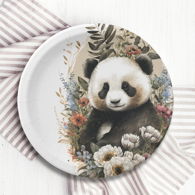 Cute Watercolor Wildflower Panda Bear Birthday Paper Plate (Creator Uploaded)