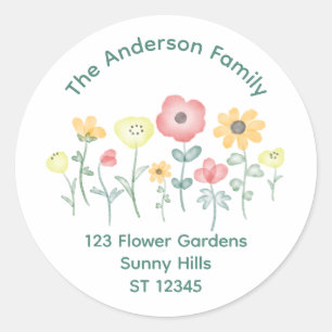 Cute Watercolor Wildflowers Return Address Classic Round Sticker