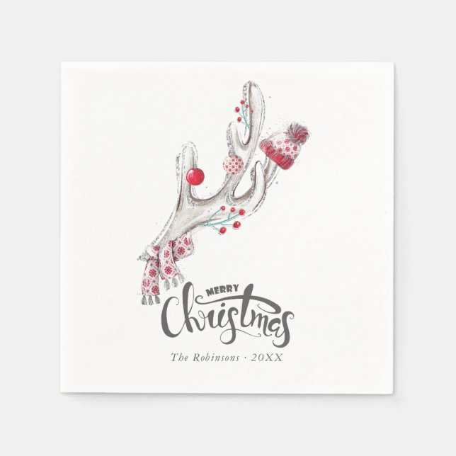 Cute watercolor Winter Deer Antlers Christmas Napkin (Front)