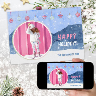 Cute Watercolor Winter Landscape Ornaments Photo Holiday Card