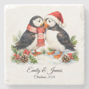 Cute Watercolor Winter Puffins Christmas Stone Coaster