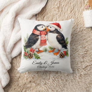 Cute Watercolor Winter Puffins Christmas Throw Pillow