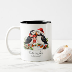 Cute Watercolor Winter Puffins Christmas  Two-Tone Coffee Mug