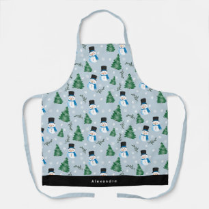 Cute Watercolor Winter Snow Pattern Custom Name Apron