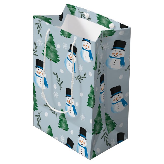 Cute Watercolor Winter Snow Pattern Medium Gift Bag (Front Angled)