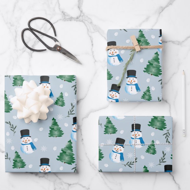 Cute Watercolor Winter Snow Pattern Wrapping Paper Sheet (Front)