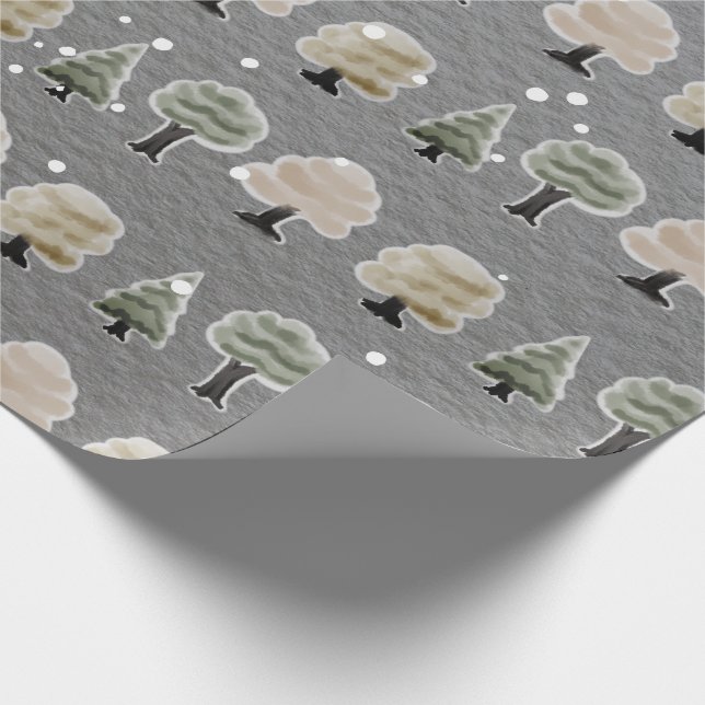 Cute Watercolor Winter Trees Snow Grey Wrapping Paper (Corner)