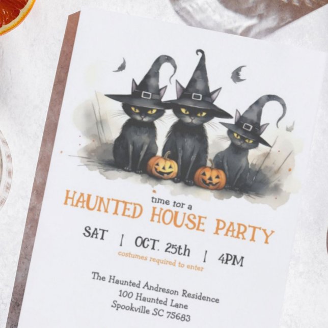 Cute Watercolor Witchy Cats Pumpkins Halloween Invitation (Creator Uploaded)