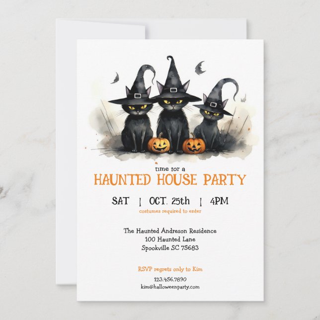 Cute Watercolor Witchy Cats Pumpkins Halloween Invitation (Front)