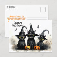 Cute Watercolor Witchy Cats Pumpkins Halloween