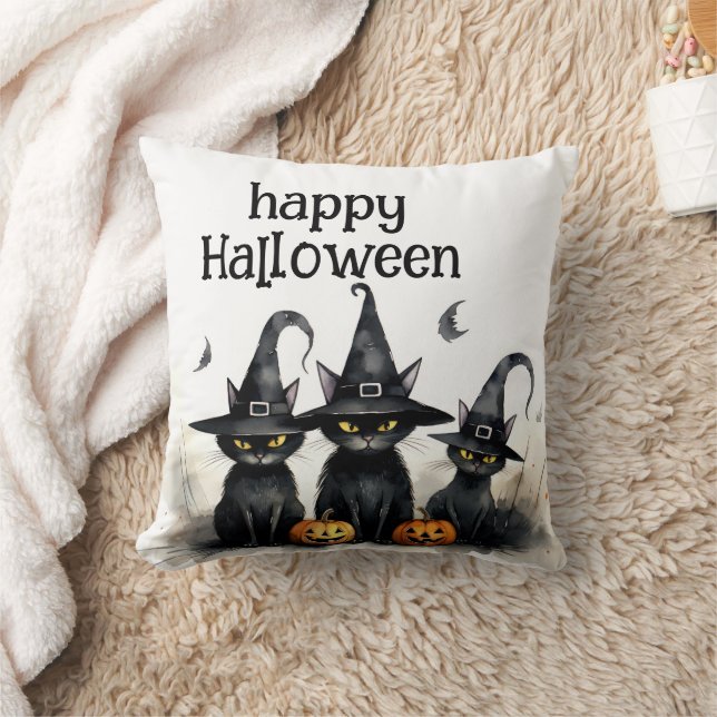 Cute Watercolor Witchy Cats Pumpkins Throw Pillow (Blanket)