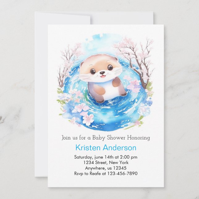 Cute Watercolor Wonderland Otter Boy Baby Shower Invitation (Front)