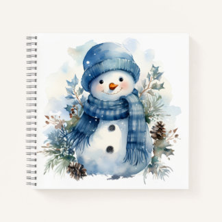Cute Watercolor Xmas Snowman Wearing Blue Scarf  Notebook