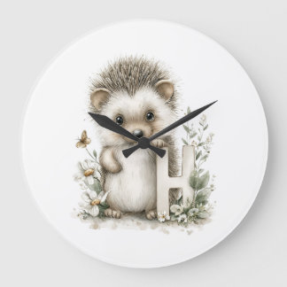 Cute watercolour baby animal alphabet Hedgehog Large Clock