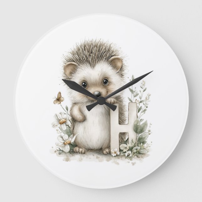Cute watercolour baby animal alphabet Hedgehog Large Clock (Front)