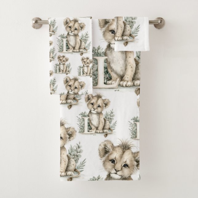 Cute watercolour baby animal alphabet Lion  Bath Towel Set (Insitu)