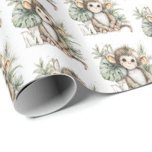 Cute watercolour baby animal alphabet monkey wrapping paper