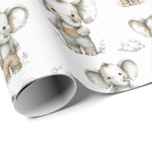 Cute watercolour baby boy elephants illustration wrapping paper