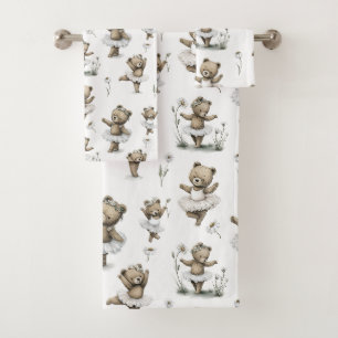 Cute Watercolour Ballerina Bear Design in tutus Bath Towel Set