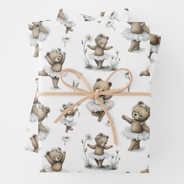 Cute Watercolour Ballerina Bear Design in tutus Wrapping Paper Sheet (In situ)