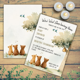 ~Cute Watercolour Bear Cubs Triplets Baby Shower Invitation
