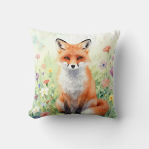 Cute Watercolour Fox in Wildflowers Throw Pillow