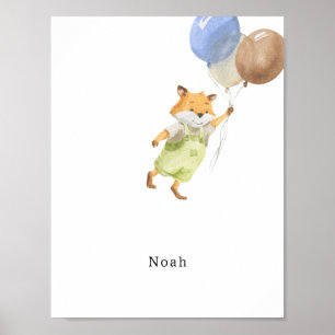 Cute Watercolour Fox With Balloons Name Poster